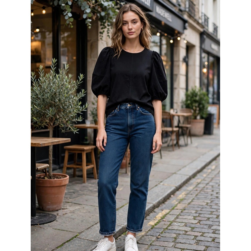 Madewell Puff Sleeve Top Black Cotton Knit NT331 XL